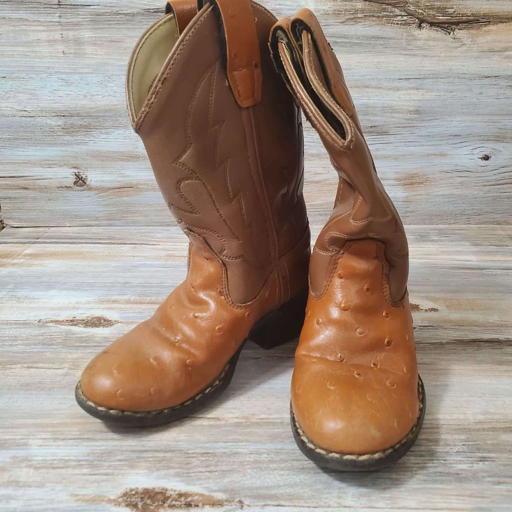 Old West Kids Cowboy Boots Brown Faux Ostrich Western OR 9117 Size 8.5 D